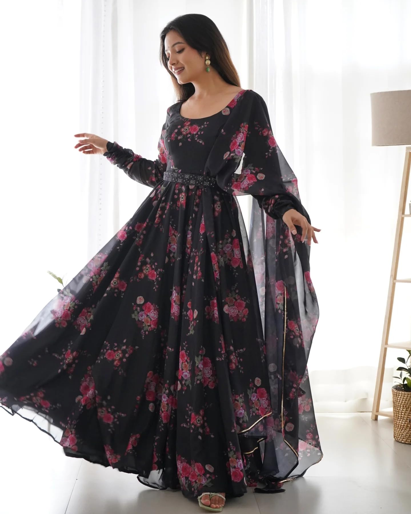 Fashion Basket Floral Print Anarkali Kurta With Pant And Dupatta (Black, L)