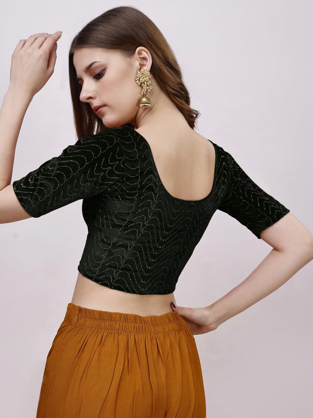 Pujia Mills Womens Readymade Hosiery Velvet Lycra Stretchable Round Neck Half Sleeve Blouse with jari Work Fancy Black Color Ly