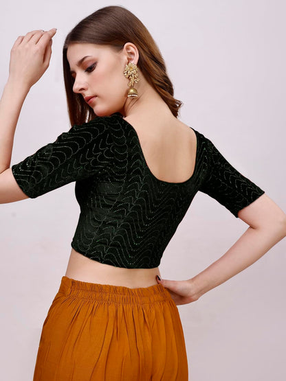 Vihu Fashion WomenS Readymade Hosiery Velvet Lycra Stretchable Round Neck Half Sleeve Blouse With Jari Work Fancy Black Color L