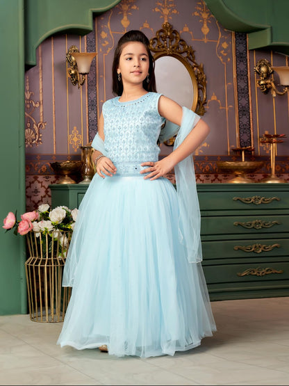 Aarika Girls Ethnic Wear Turquoise Colour Mirror Embroidery Net Lehenga Choli Set With Dupatta-3-13 Years (Lch-18273)