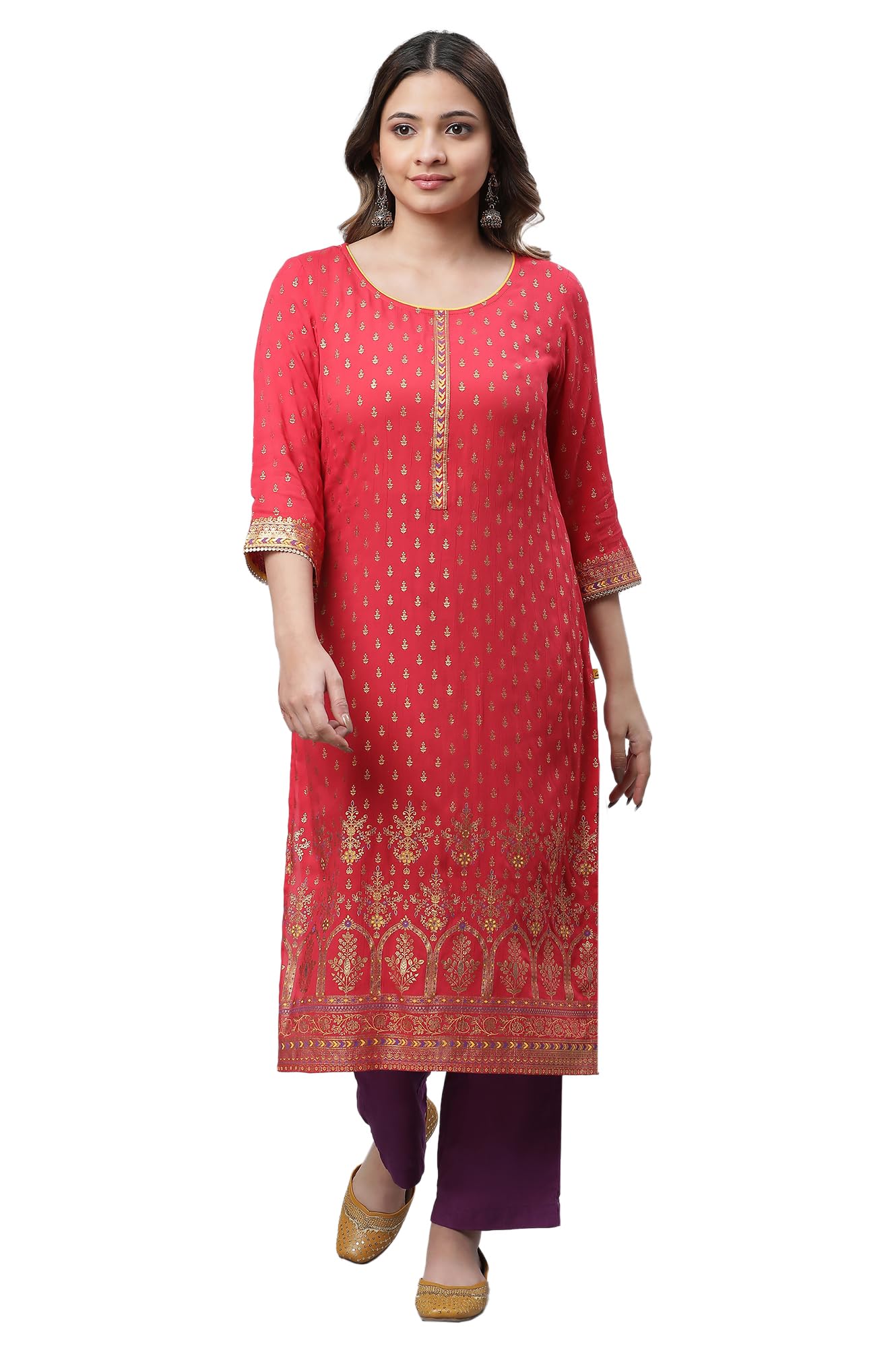 Red Foil Printed Embellished Festive Kurta (Size: S)-24Aua14673-507508