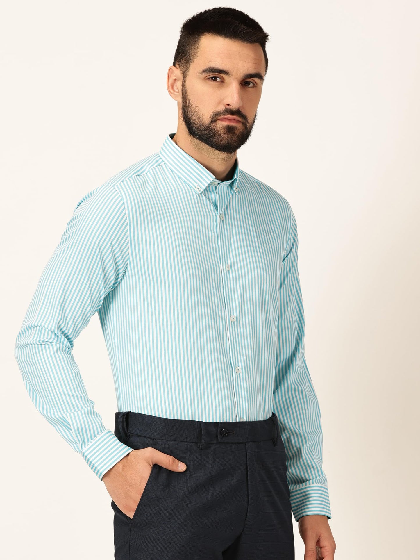 Thomas Scott 100% Cotton Full Sleeves Button-Down Collar Slim Fit Formal Shirt for Mens Aqua