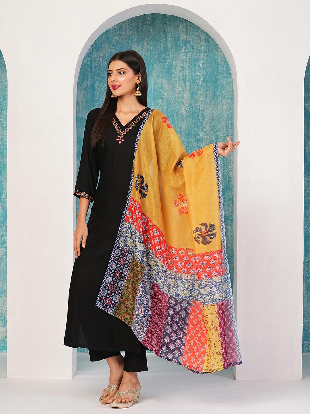 Gosriki WomenS Cotton Blend Embroidered Straight Kurta With Pant & Dupatta (Fronx Black-Nw-Gs_L_Black_Large)
