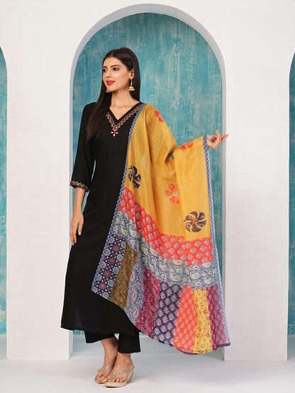 Gosriki WomenS Cotton Blend Embroidered Straight Kurta With Pant & Dupatta (Fronx Black-Nw-Gs_L_Black_Large)
