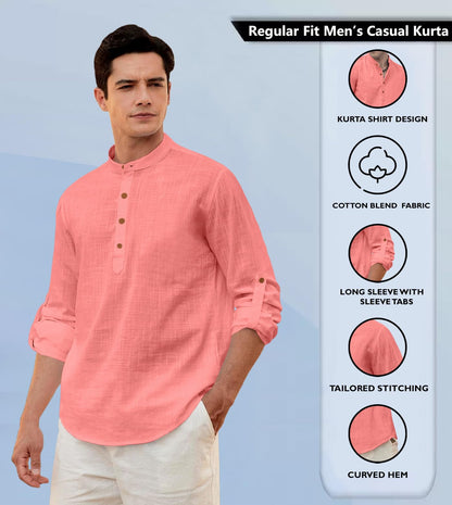 Zombom MenS Solid Cotton Blend Straight Kurta Shirt, Regular Fit Full Sleeve Short Kurta Shirt Peach