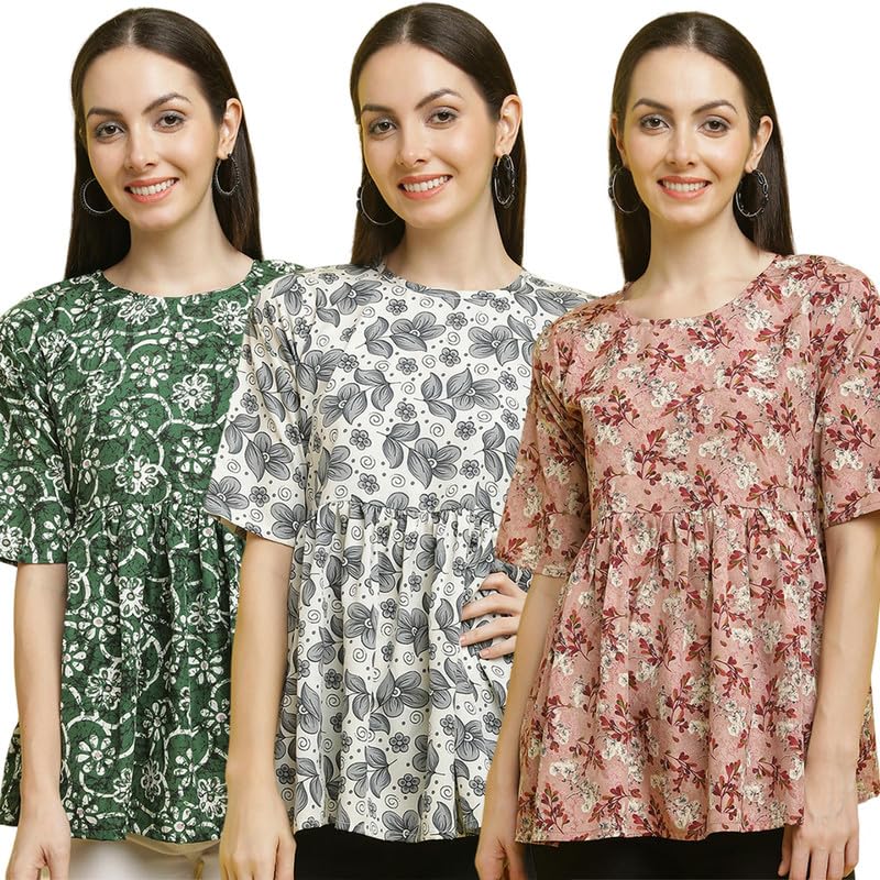 Pinkmint Women Combo Tunic Top for Women ll Fancy Crape Girls Tops ll Regular Fit Casual top (Pack of 3)