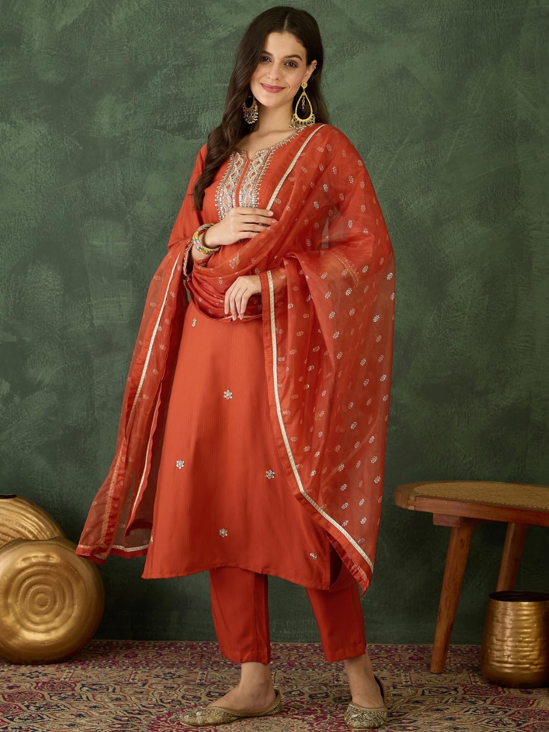 Naixa WomenS Rayon Embroidered Straight Kurta Pant Dupatta Set  Ethnic Wear, 3-Piece Set For Wedding And Festival (Nx-785-Rust-