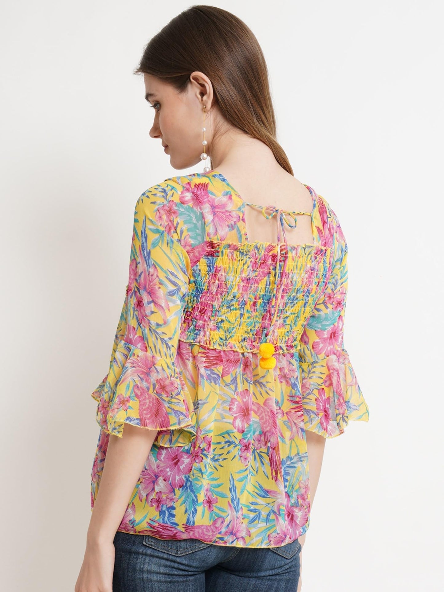 POPWINGS Printed Chiffon Peplum Tops for Women || 3/4th Sleeves Square Neck Women Tops for Summer || Stylish Western Smocking Wo