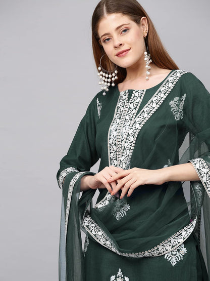 GoSriKi Women's Cotton Blend Straight Embroidered Kurta with Pant & Dupatta (Weekend Green-Nw4-GS)