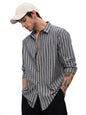 The Souled Store Cotton Linen Stripes: Azure Men and Boys Long Sleeves Collared Neck Button Front Regular Fit Cotton Linen Shirt