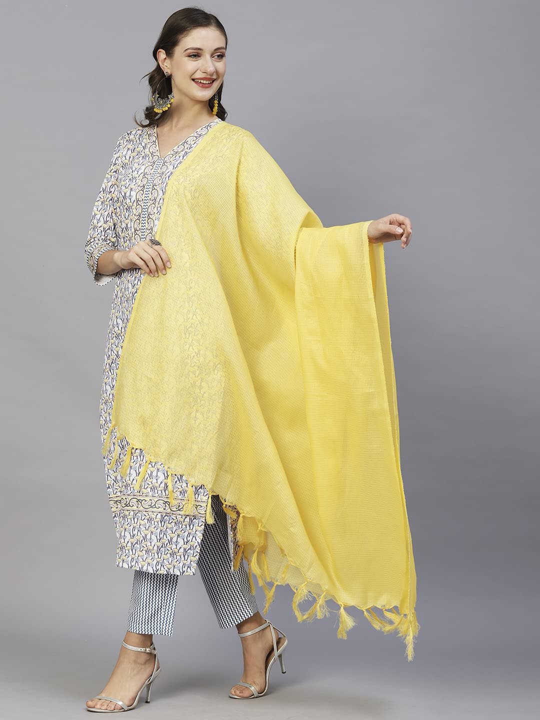 GoSriKi Women's Cotton Blend Straight Kurta with Pant & Dupatta (MURHAR-Yellow-CMD-GS)