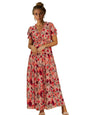 Shasmi Womens Casual Pink Floral Printed Ruched V Neck Short Flutter Sleeve Lapel Tie Waist Split Long One Pic Western Party Dr