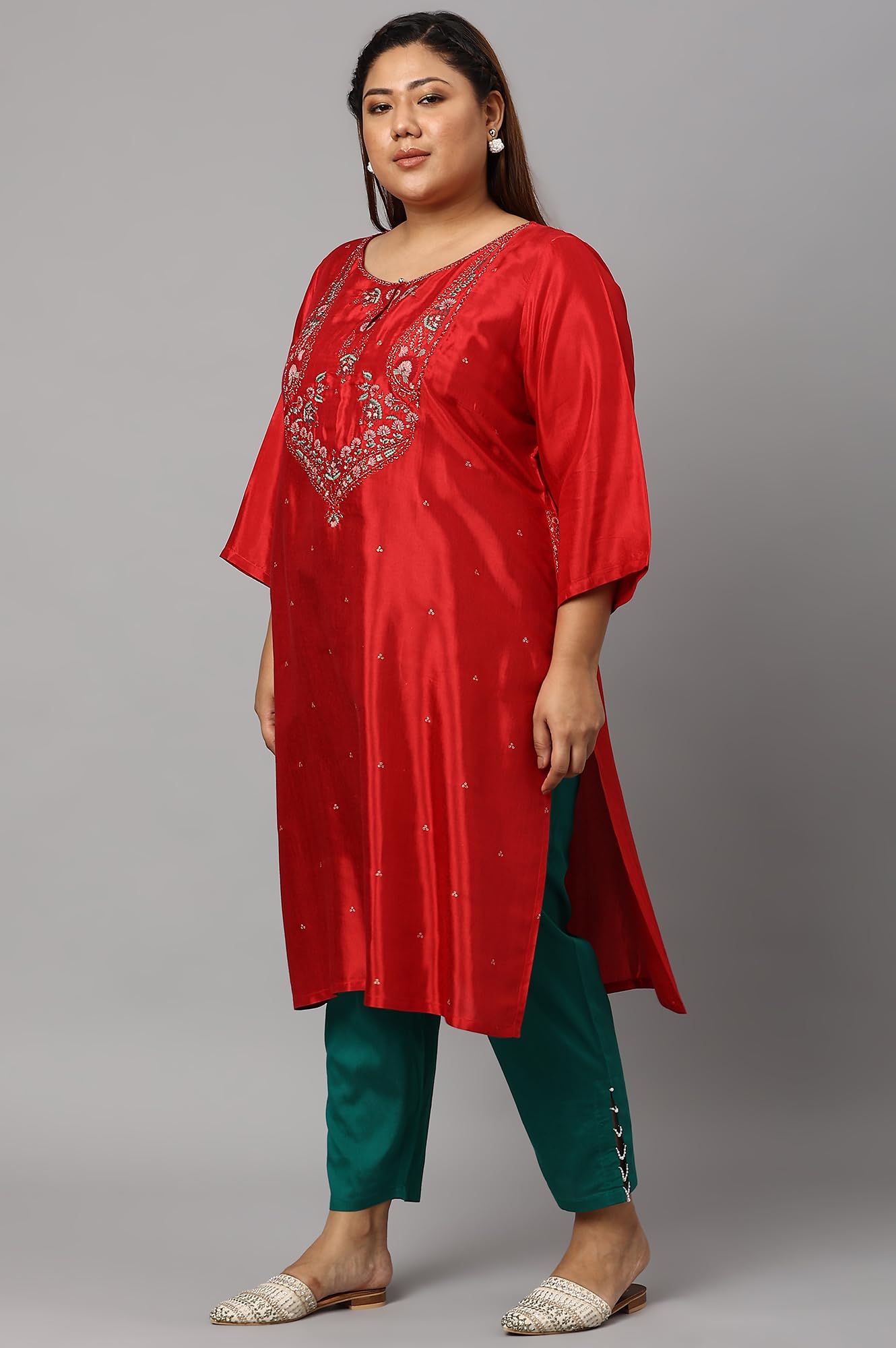 W for Women Plus Size Red Embroidered Shantung Kurta