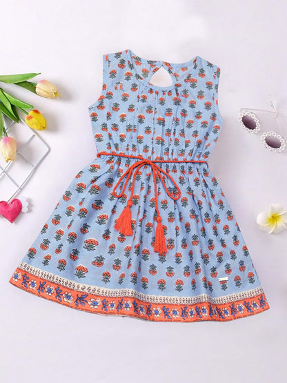 A.T.U.N. (ALL THINGS UBER NICE) Girls Blue Printed Samantha Dress | Sleeveless Cotton Knee Length Dress