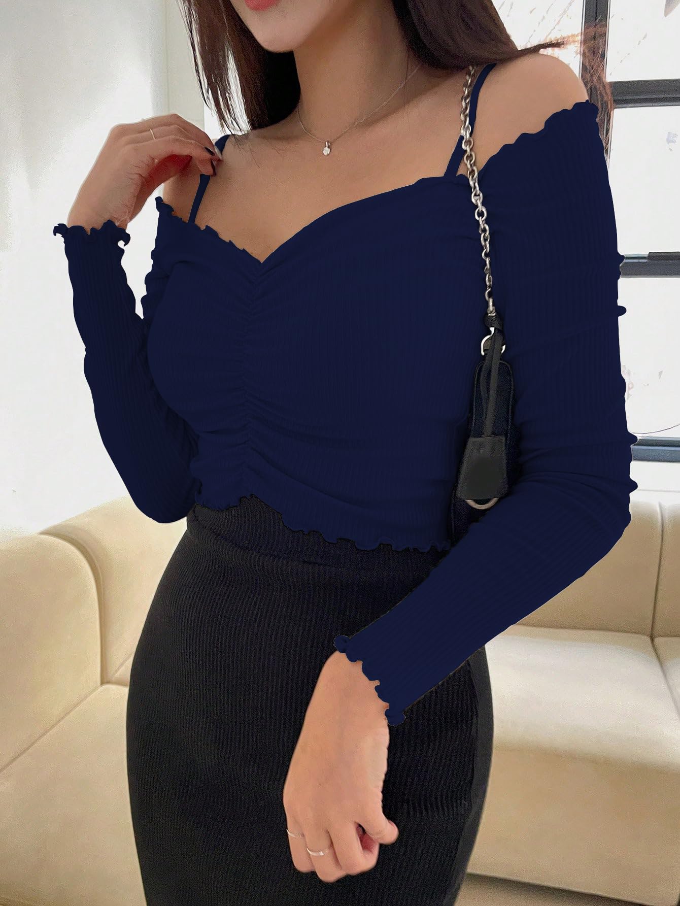 Sugathari Womens Navy Blue Solid Colour Open Cold Off Shoulder Long Sleeve Lettuce Hem Casual Autumn Trim Tight- Slim Fitting R