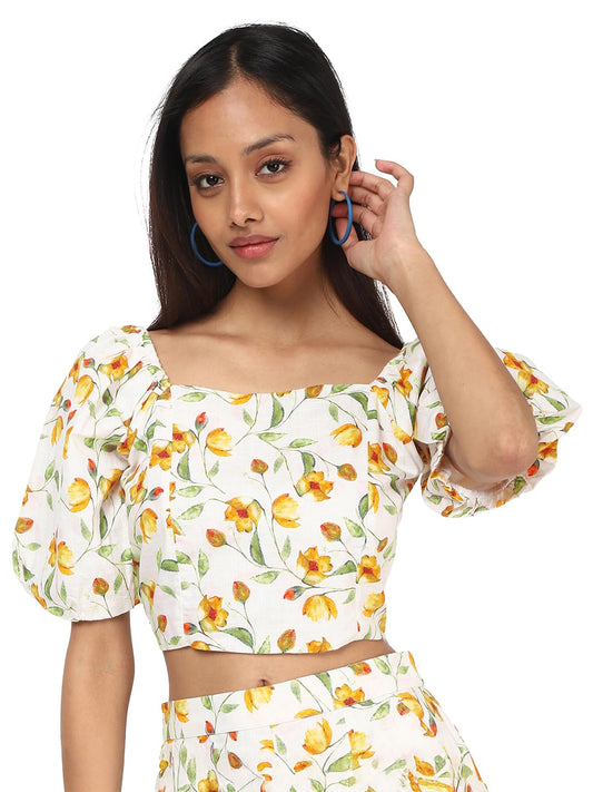 Bewakoof Womens All Over Printed Regular Fit Half Sleeve Square Neck Cotton Slub Short Top_659902_Off White_2XL
