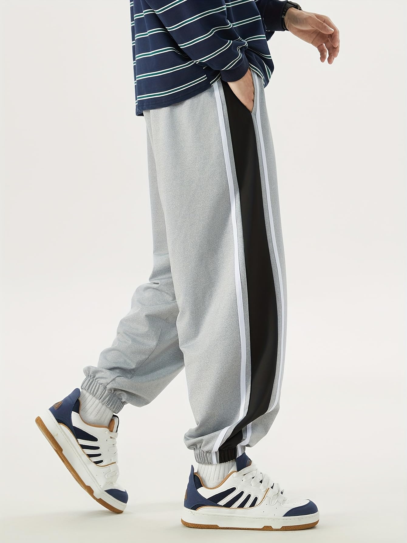 Shasmi Light Grey Side Striped Pants Men Oversized Baggy Wide Leg Trousers Elastic Waist Streetwear Joggers Men Track Pant for M