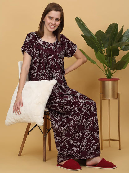 Sweet Dreams Women Printed Full Length Night Dress Maroon