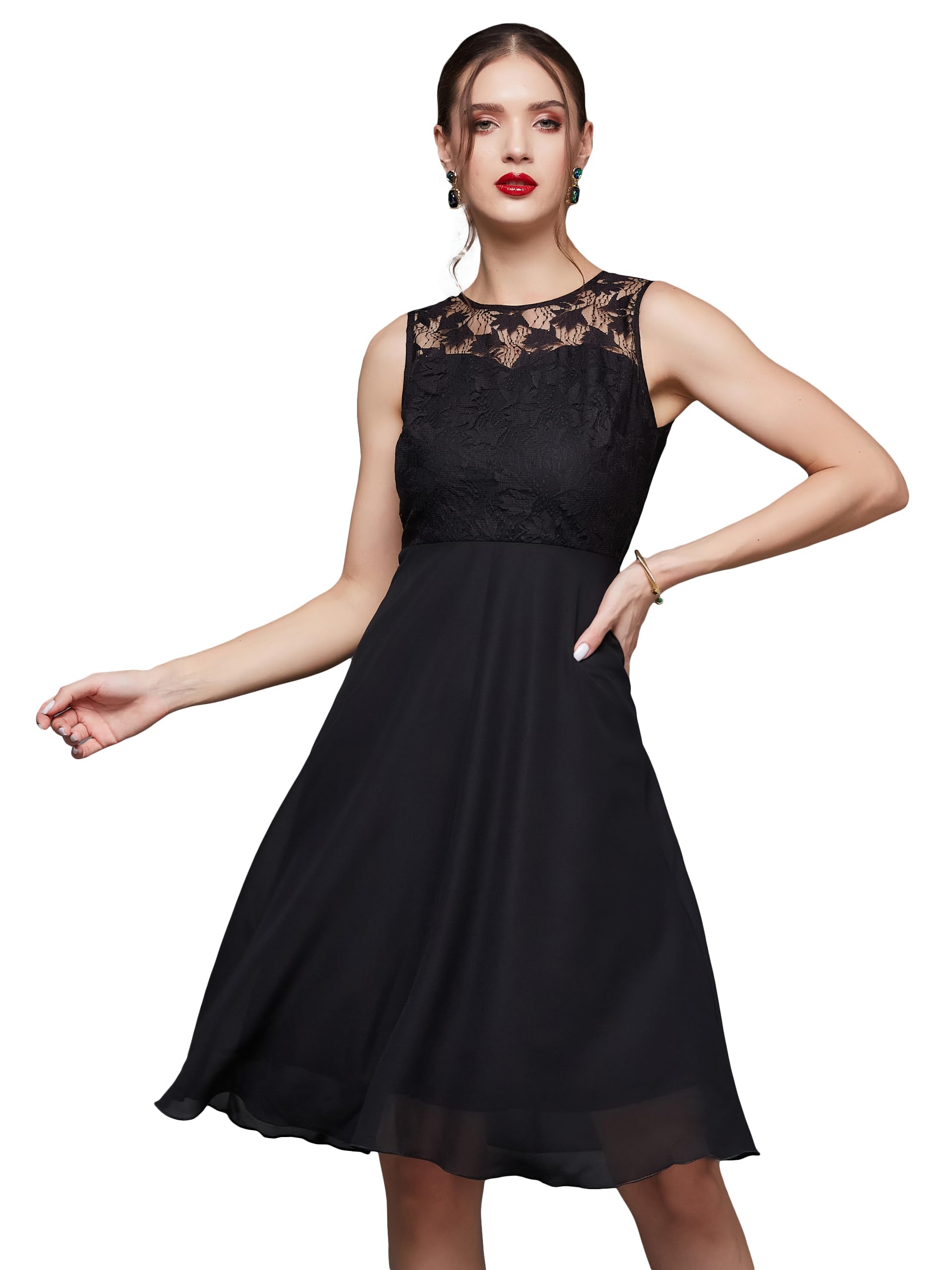 Miss Chase WomenS Black Round Neck Sleeveless Solid Mini Lace Skater Dress (Mcss23D98-42-62-06, Black, Xl)