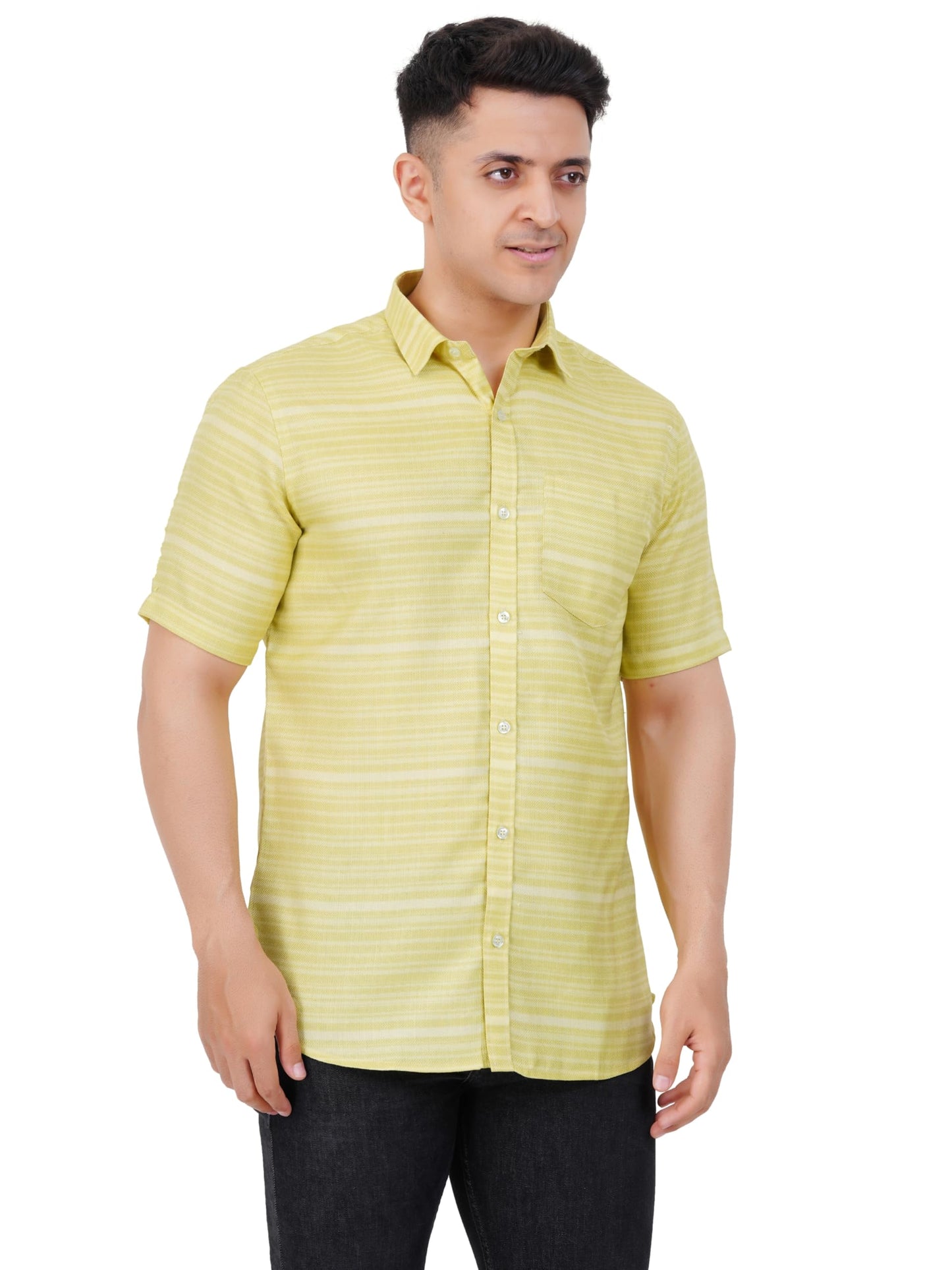 PRAKASAM COTTON Mens Self Design Cotton Half Sleeve Shirt for Mens/Formal Linen Cotton Shirt for Mens/Regular Fit Cotton Shirt f
