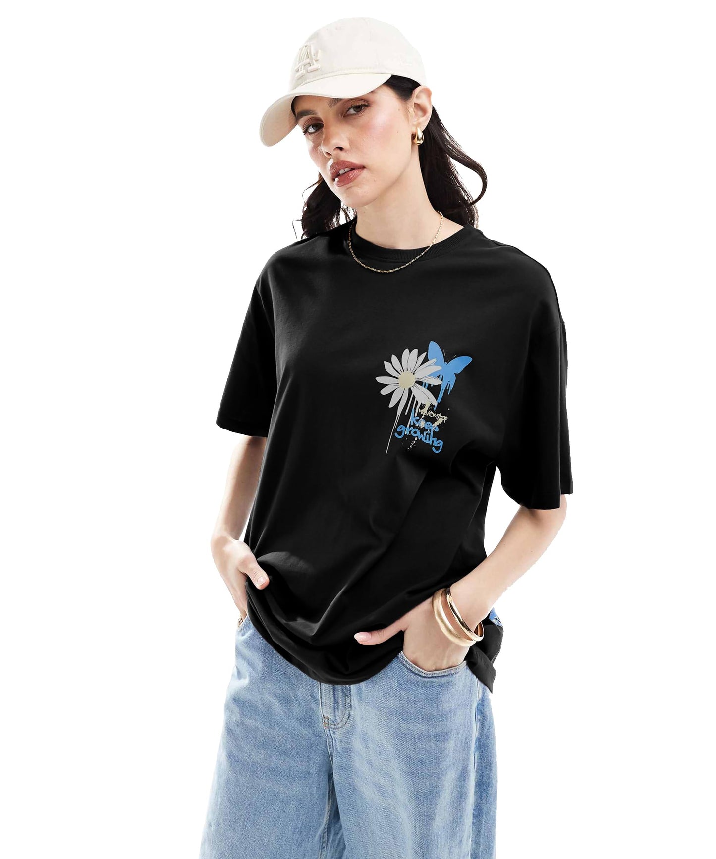 SHODOX100% Pure Cotton Womens Oversized Drop Shoulder Front & Back Printed T-Shirt (Pack of 1)