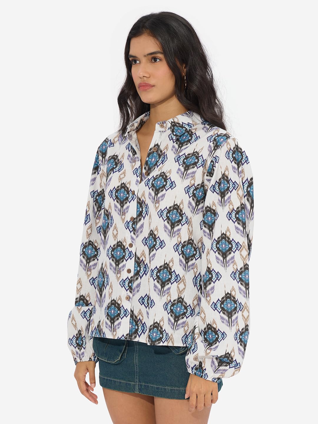 The Souled Store Ikat Twist Women and Girls Long Sleeves Collared Neck Button Front Multicolor All Over Printed Cotton Boyfriend