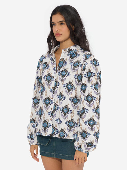 The Souled Store Ikat Twist Women and Girls Long Sleeves Collared Neck Button Front Multicolor All Over Printed Cotton Boyfriend