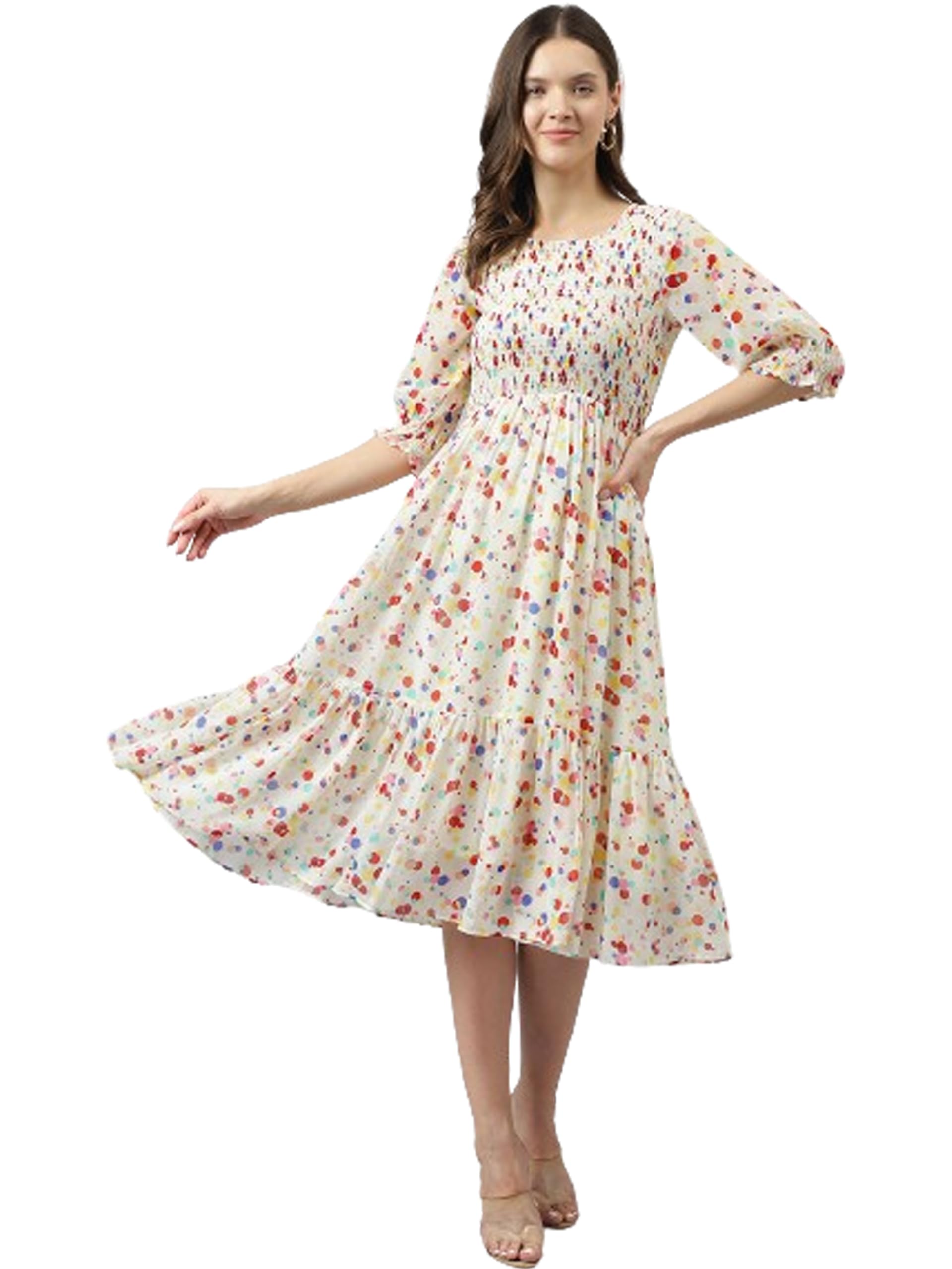 Toochki WomenS White Georgette Polka Dot Tiered Western Midi Length A Line Kurti Suitable In Summer Wear Western Latest Trendy