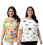 Juneberry 100% Pure Cotton Oversized Loose Baggy Fit Drop Shoulder Graphic Printed Plus Size T-Shirt Combo For Women (Pack Of 2)