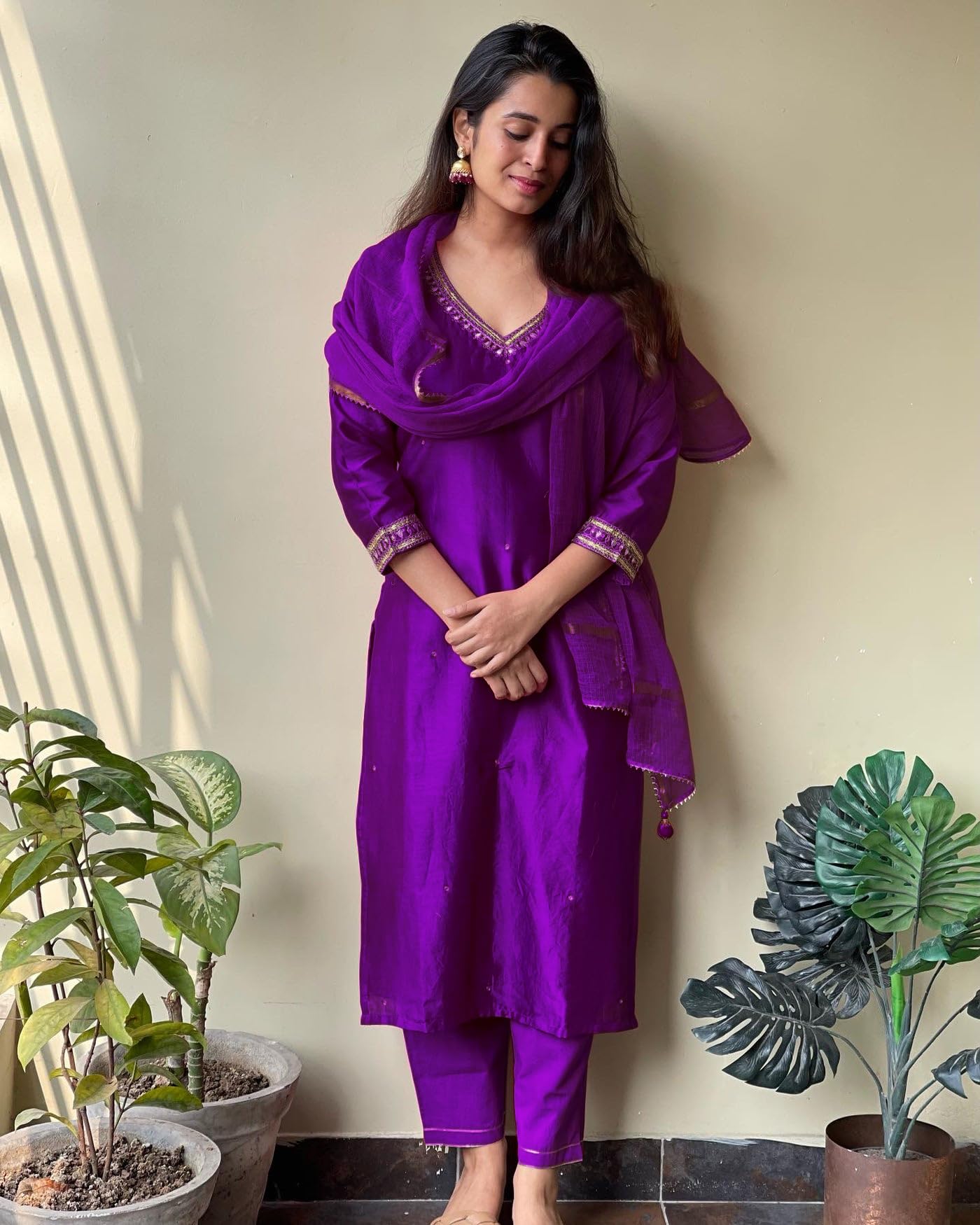 GoSriKi Women's Straight Embroidered Kurta with Pants & Dupatta, Begani, Size 48, Model BAGICHA-RANI-GS