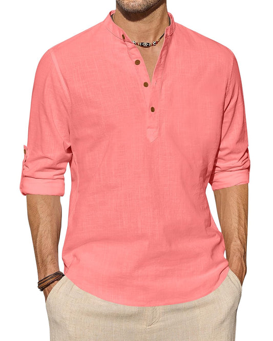 Zombom MenS Cotton Blend Solid Full Sleeve Short Kurta Shirt With Mandarin Collar Peach