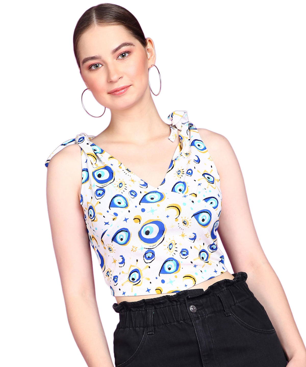POPWINGS Women Casual White Eye Printed Sleeveless Self Design Strap Knot Crop Top