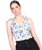POPWINGS Women Casual White Eye Printed Sleeveless Self Design Strap Knot Crop Top