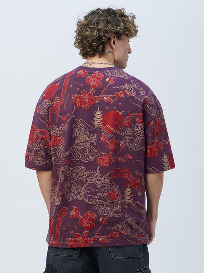The Souled Store Originals: Sound of Waves Men and Boys Short Sleeves Round Neck Purple Embellished Lightweight Comfortable All-