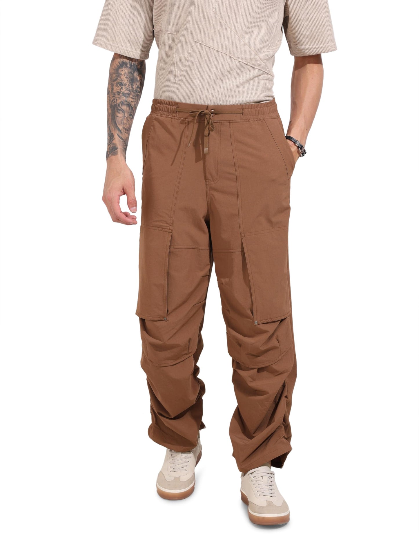 The Indian Garage Co Mens Mid-Rise Stretchable Baggy Parachute Trousers Pants