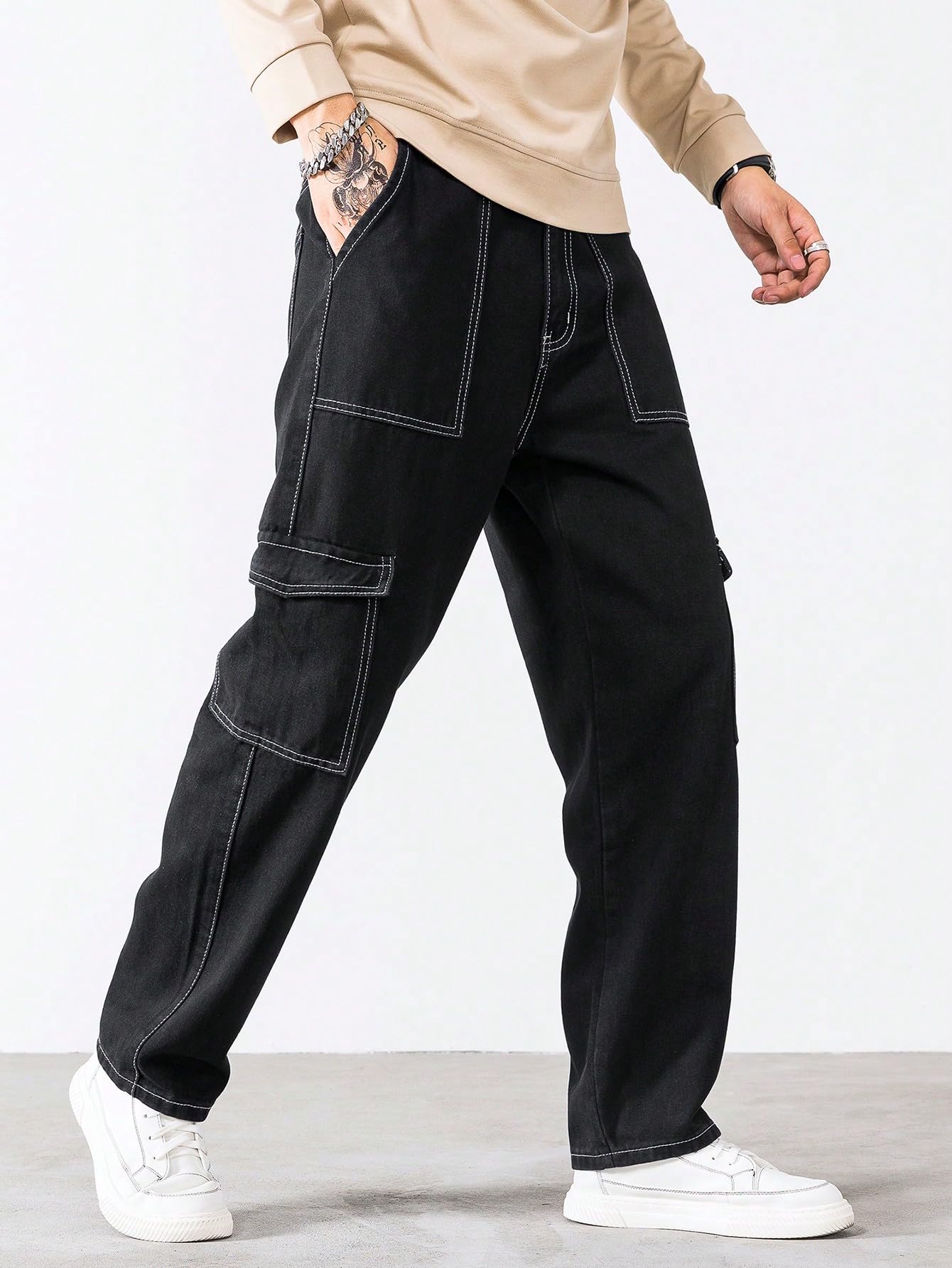 AVANOVA Black Bell-Bottom Men Cargo Jeans II Men Cargo Pants II Denim Cargo for Men II Cotton Pant II Wide Legs II Flap Pockets