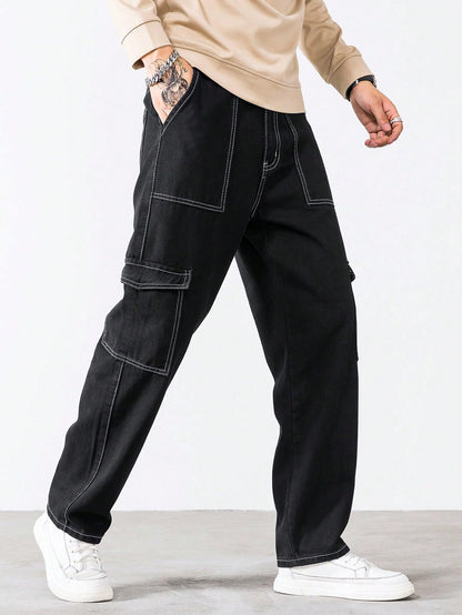 AVANOVA Black Bell-Bottom Men Cargo Jeans II Men Cargo Pants II Denim Cargo for Men II Cotton Pant II Wide Legs II Flap Pockets