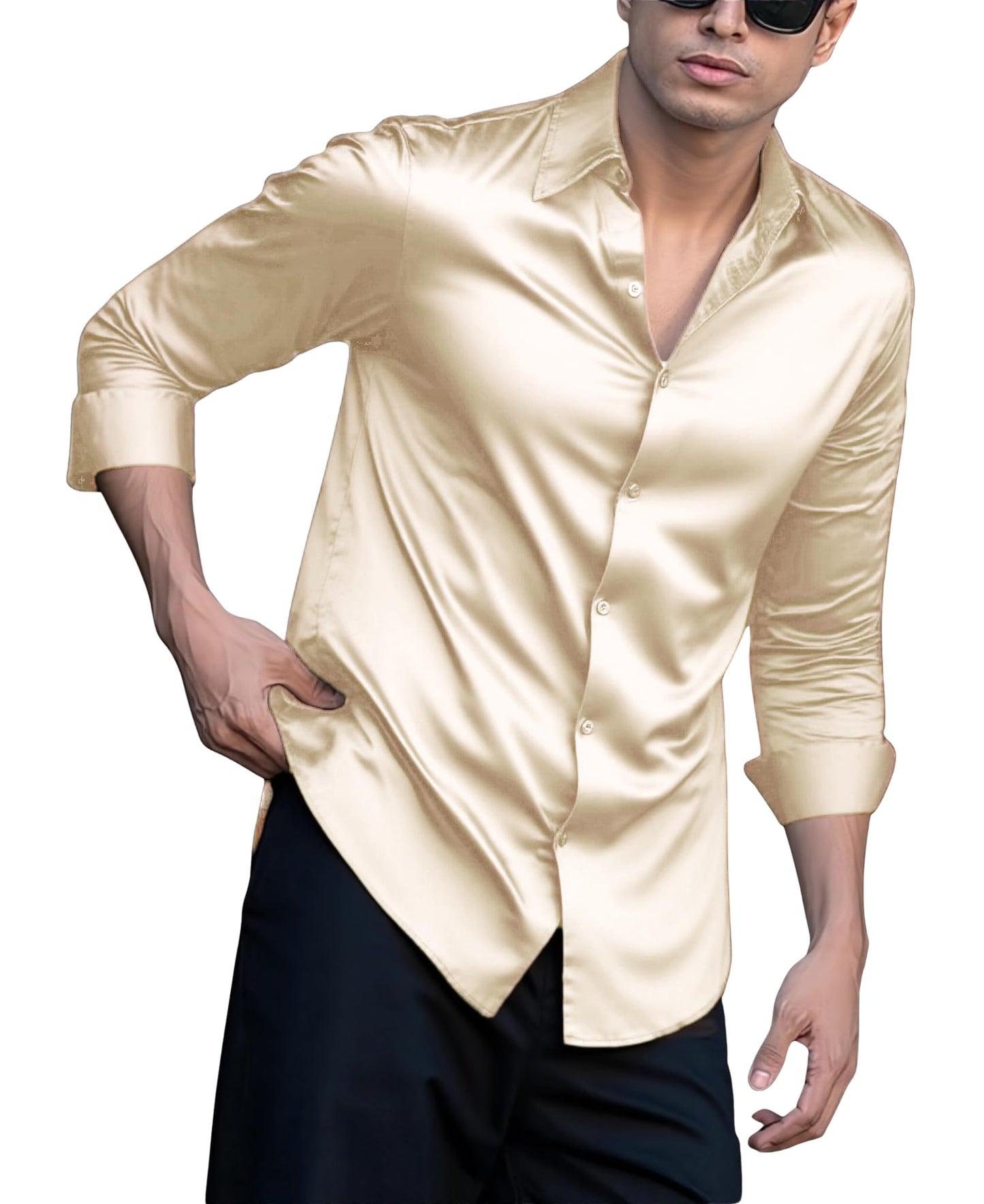 Indoprimo MenS Casual Button Down Long Sleeve Satin Plain Shirt Cream
