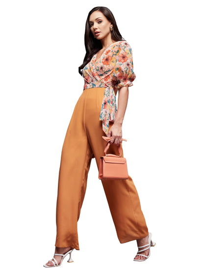 Miss Chase Womens V Neck Puff Sleeve Floral Patterned Wrap Regular Jumpsuit (MCSS25D93-81-300-03, Multicolored Base Dusty Orang