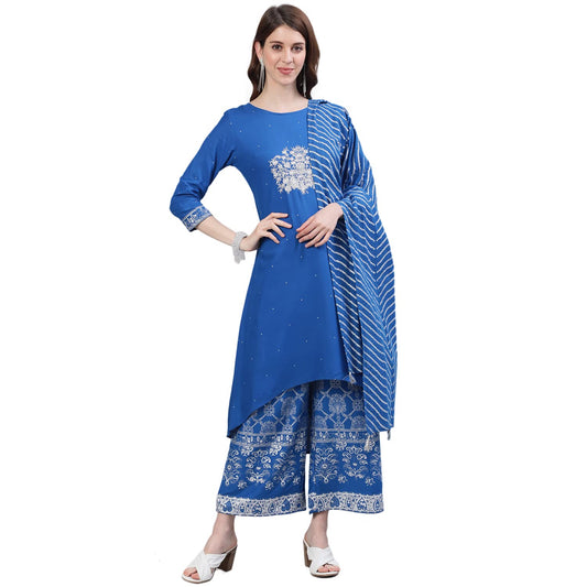 ishin Women's Viscose Rayon Blue Embroidered Anarkali Kurta suit set with Palazzos