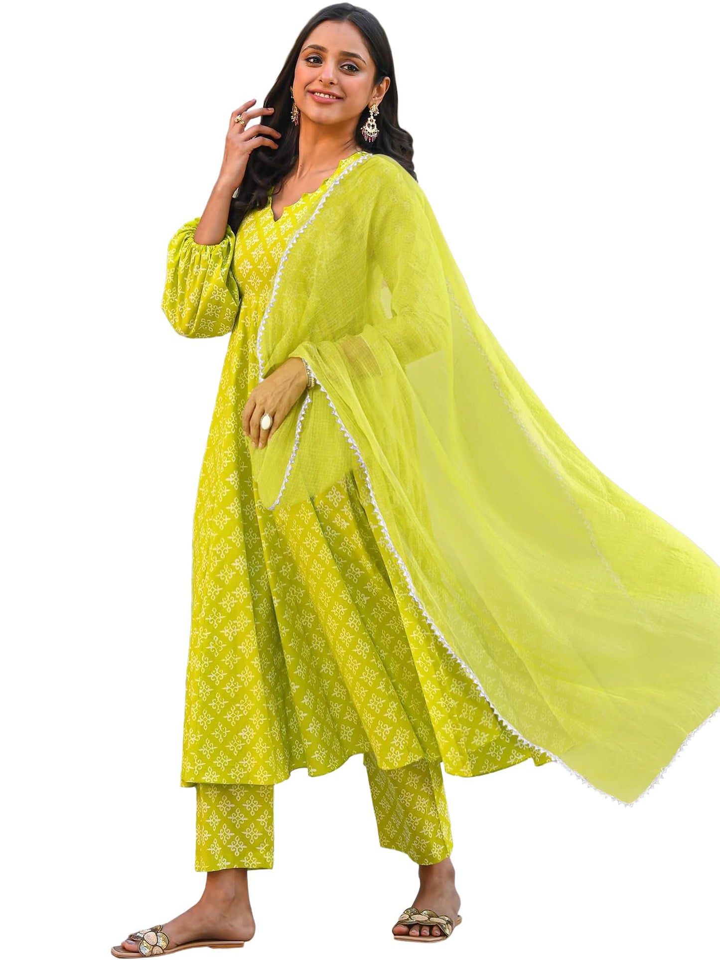 Pinkmint Straight Cut Muslin Kurta & Pant with Dupatta for Women l Ethnic Suit with Long Puff Sleeve Kurta Sets Light Green