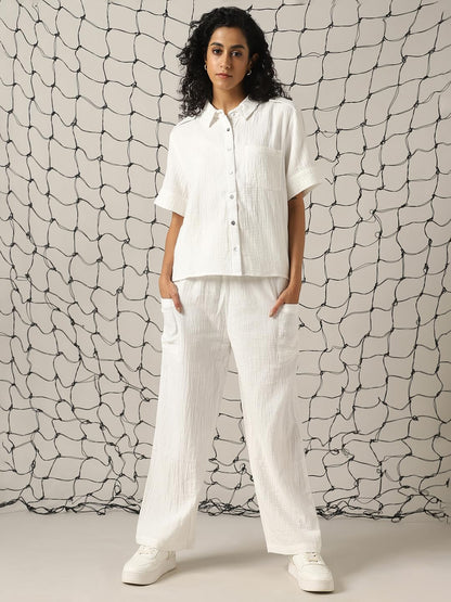 Hubberholme Women Cotton Solid Oversized Fit High-Rise Spread Collar Half Sleeves Co-Ord