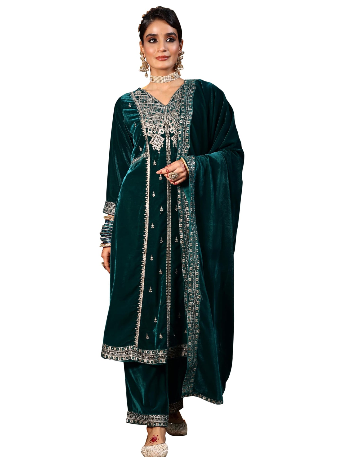 Libas WomenS Velvet Kurta Set (49491_Green