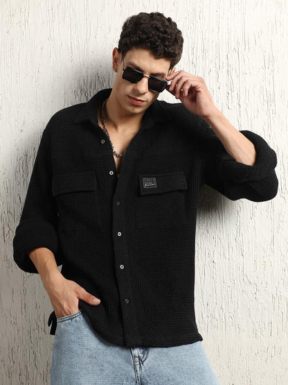 Hubberholme Men Summer Cotton Spread Collar Long Sleeves Oversized Casual Shirt 23 Black