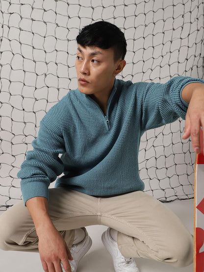 Hubberholme Men Acrylic Knitted Relaxed Fit Round Neck Full Sleeves Sweaters 3 Blue