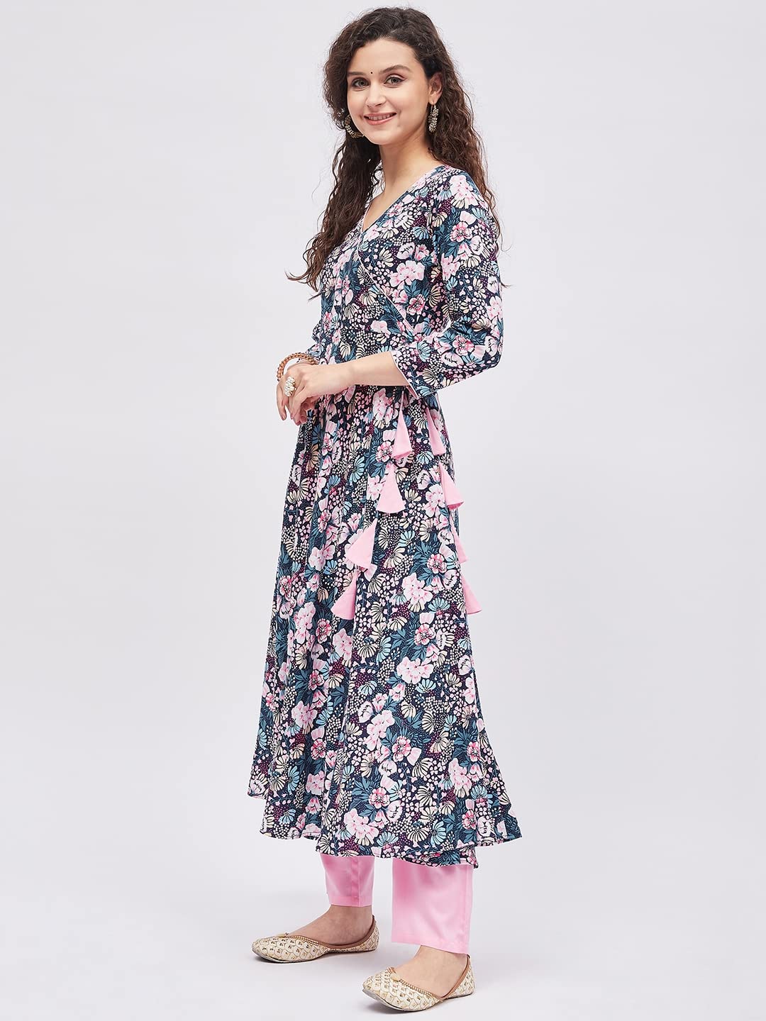 Tissu Women'S Rayon Multicolored Floral Printed Angrakha Kurta 2212_Multi_L