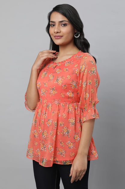 Aurelia Orange Floral Printed Printed Synthetic Regular Kurti For Women
