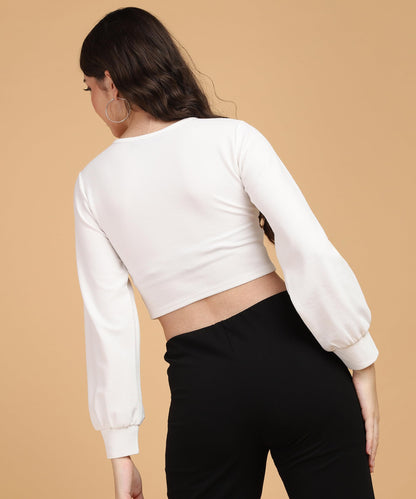 POPWINGS Women Casual Self Design White Deep V Neck Full Sleeve Crop Top