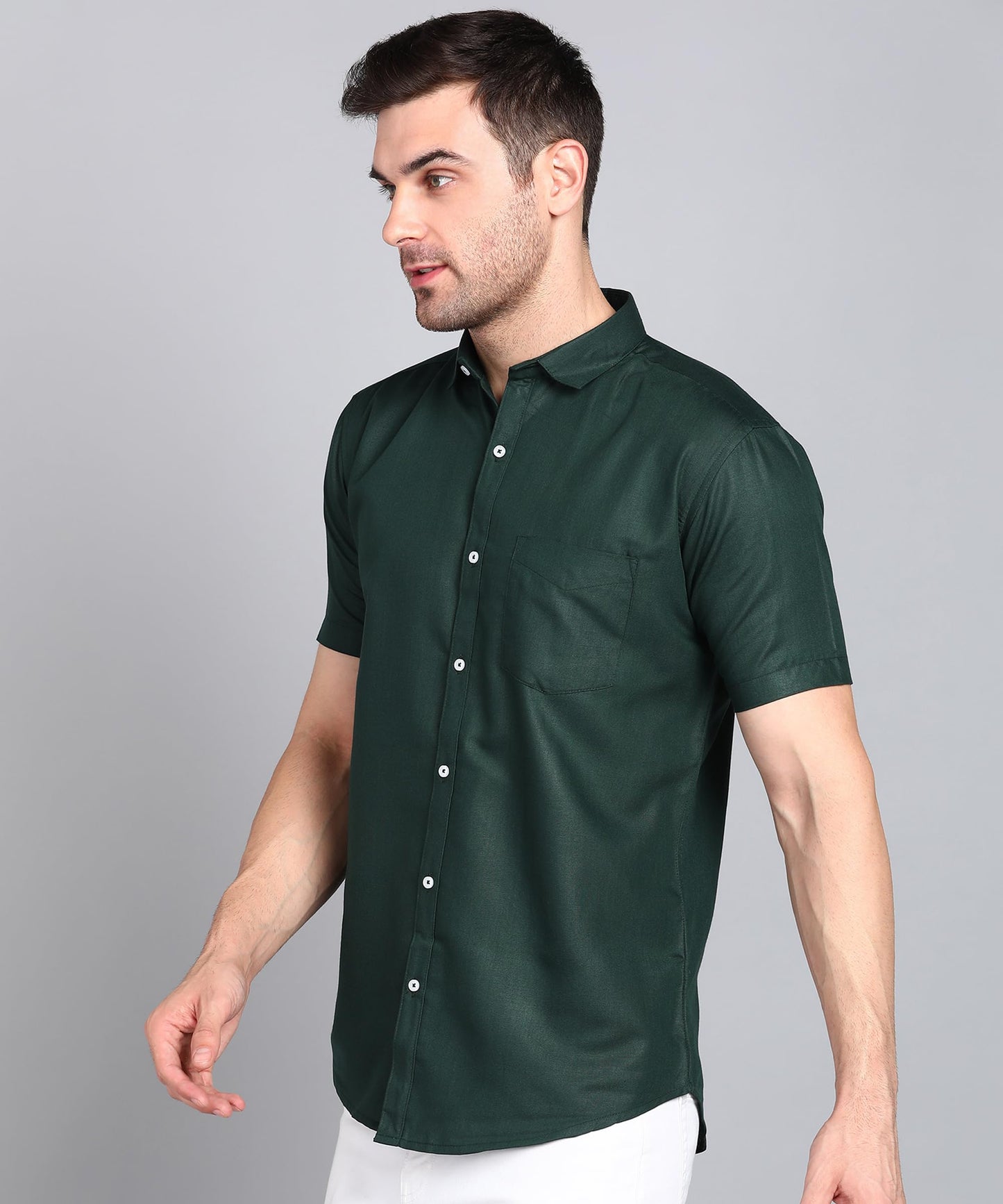 Mildin MenS Cotton Blend Solid Shirt With Spread Collared Half Sleeve Curved Hemline Button Closure Regular Fit And One Pocket