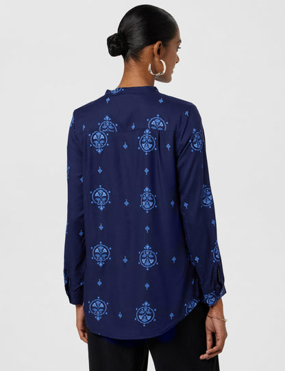 W Blue Floral Printed Shirt-Style Top for Women